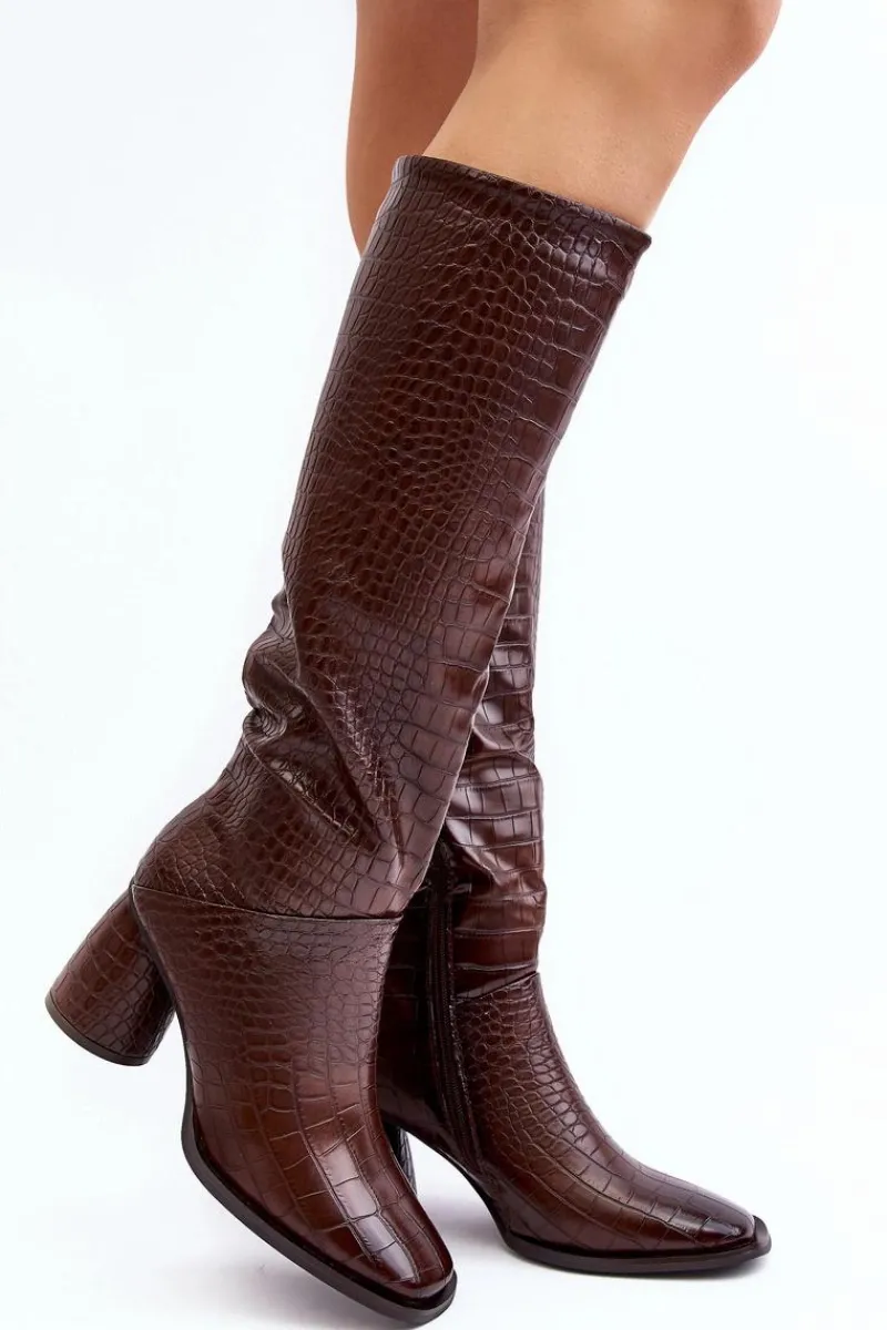 Online Boto Damskie Kozaki Do Kolana Na Słupku Wężowy Wzór Brązowe Ceriona