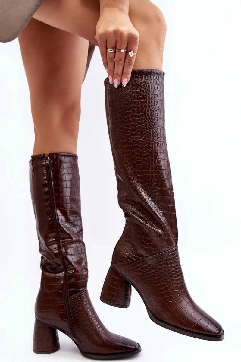 Online Boto Damskie Kozaki Do Kolana Na Słupku Wężowy Wzór Brązowe Ceriona