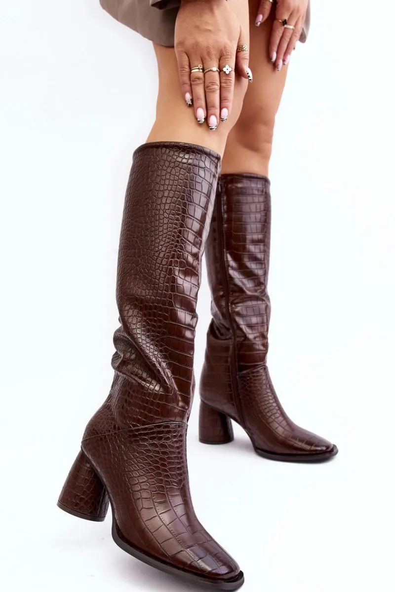 Online Boto Damskie Kozaki Do Kolana Na Słupku Wężowy Wzór Brązowe Ceriona