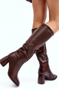 Online Boto Damskie Kozaki Do Kolana Na Słupku Wężowy Wzór Brązowe Ceriona