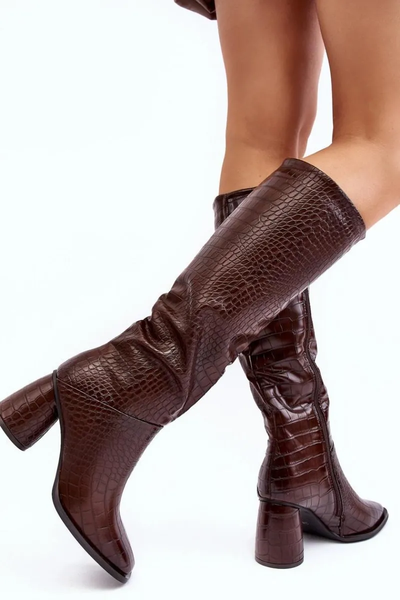 Online Boto Damskie Kozaki Do Kolana Na Słupku Wężowy Wzór Brązowe Ceriona