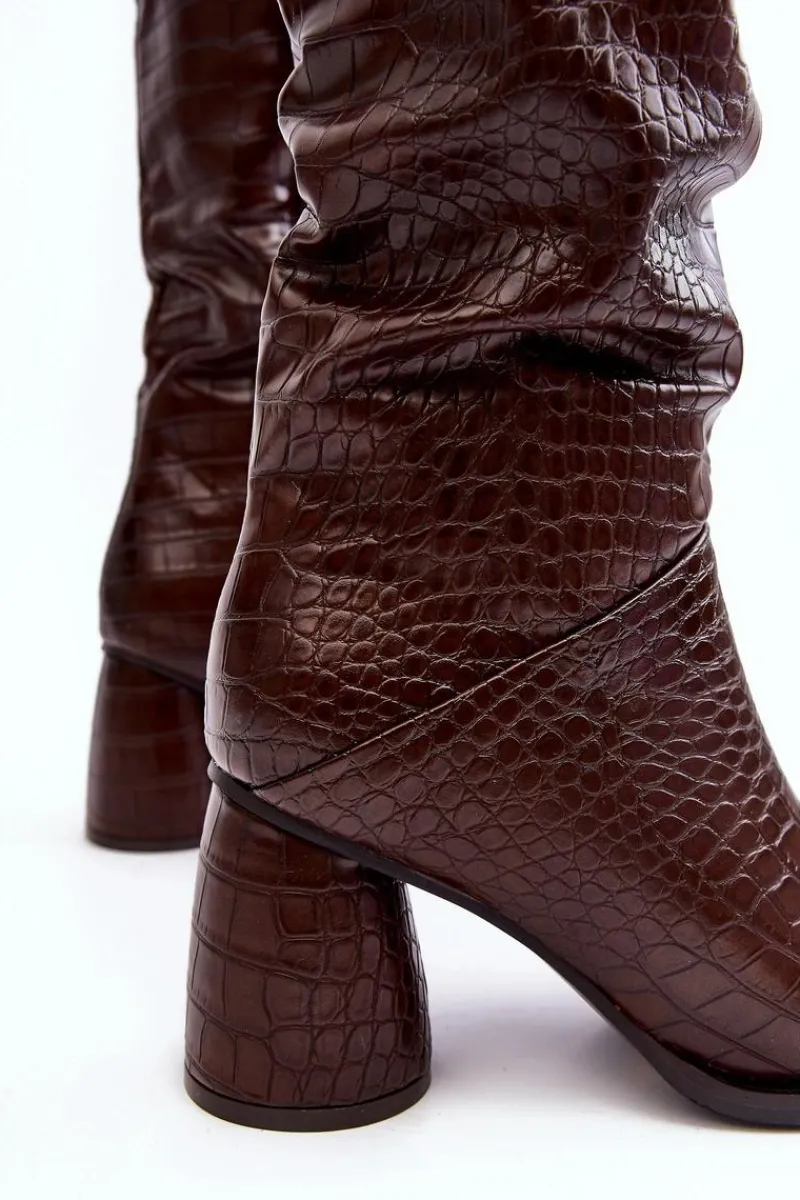 Online Boto Damskie Kozaki Do Kolana Na Słupku Wężowy Wzór Brązowe Ceriona