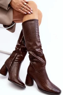 Online Boto Damskie Kozaki Do Kolana Na Słupku Wężowy Wzór Brązowe Ceriona