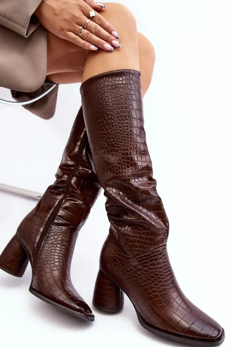 Online Boto Damskie Kozaki Do Kolana Na Słupku Wężowy Wzór Brązowe Ceriona