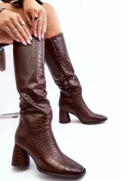Online Boto Damskie Kozaki Do Kolana Na Słupku Wężowy Wzór Brązowe Ceriona