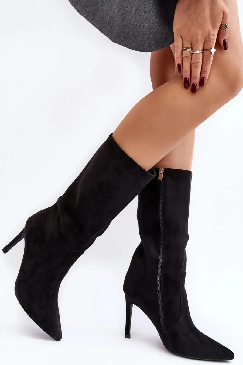 Discount Boto Damskie Kozaki Do Połowy Łydki Na Szpilce Czarne Odetteia
