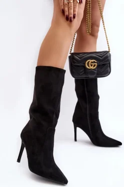 Discount Boto Damskie Kozaki Do Połowy Łydki Na Szpilce Czarne Odetteia