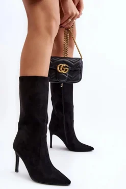 Discount Boto Damskie Kozaki Do Połowy Łydki Na Szpilce Czarne Odetteia