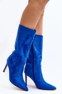 Damskie Kozaki Do Połowy Łydki Na Szpilce Niebieskie Odetteia Damskie Kozaki Wiosenne|Kozaki Przed Kolano