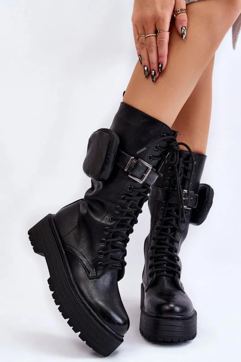 Kozaki Płaskie|Kozaki Przed Kolano>Boto Damskie Kozaki Glany Z Nerką Sznurowane Czarne Lillien