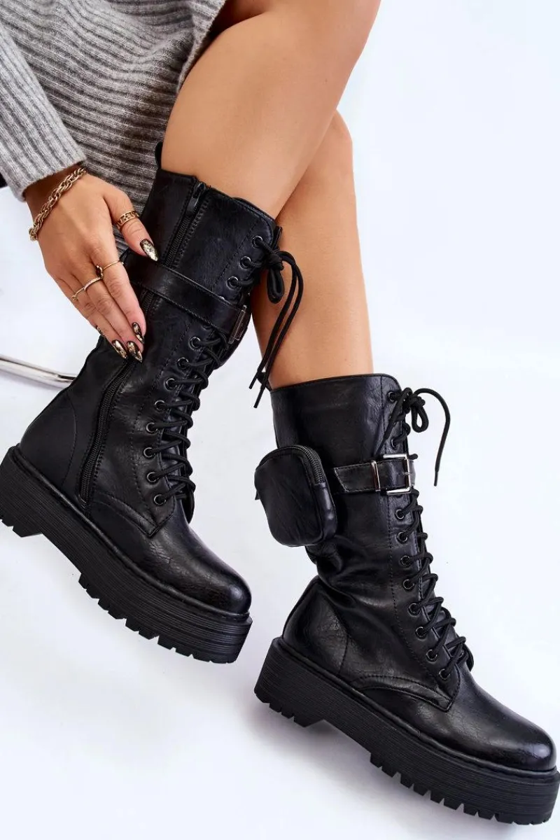 Kozaki Płaskie|Kozaki Przed Kolano>Boto Damskie Kozaki Glany Z Nerką Sznurowane Czarne Lillien