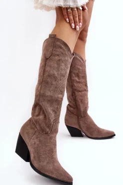 Online Damskie Kozaki Kowbojki Na Słupku Ciemnobeżowe Sloana Damskie Kozaki Wiosenne|Kozaki Przed Kolano