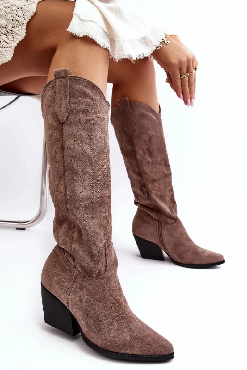 Online Damskie Kozaki Kowbojki Na Słupku Ciemnobeżowe Sloana Damskie Kozaki Wiosenne|Kozaki Przed Kolano