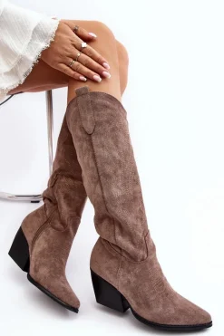 Online Damskie Kozaki Kowbojki Na Słupku Ciemnobeżowe Sloana Damskie Kozaki Wiosenne|Kozaki Przed Kolano