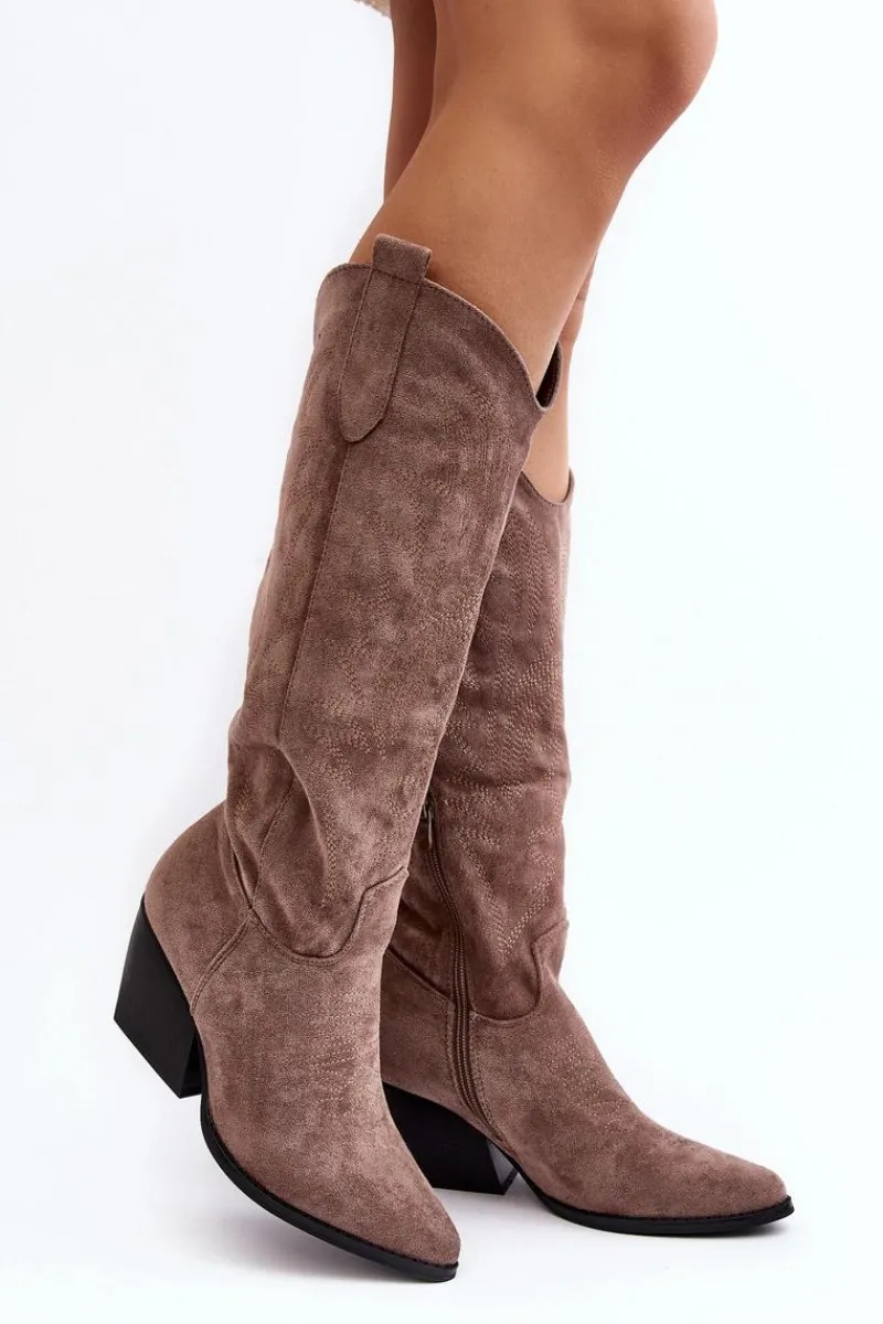 Online Damskie Kozaki Kowbojki Na Słupku Ciemnobeżowe Sloana Damskie Kozaki Wiosenne|Kozaki Przed Kolano