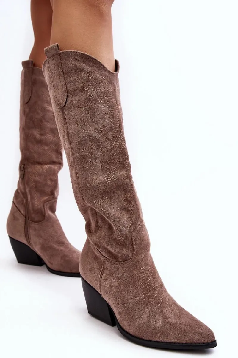 Online Damskie Kozaki Kowbojki Na Słupku Ciemnobeżowe Sloana Damskie Kozaki Wiosenne|Kozaki Przed Kolano