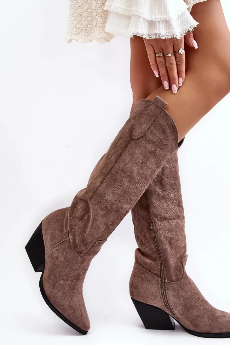 Online Damskie Kozaki Kowbojki Na Słupku Ciemnobeżowe Sloana Damskie Kozaki Wiosenne|Kozaki Przed Kolano