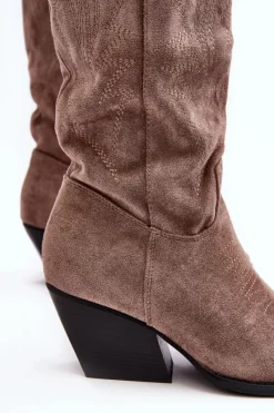 Online Damskie Kozaki Kowbojki Na Słupku Ciemnobeżowe Sloana Damskie Kozaki Wiosenne|Kozaki Przed Kolano