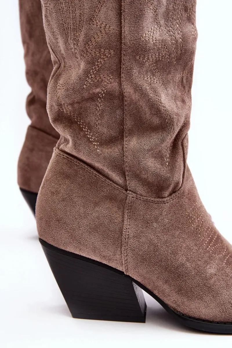 Online Damskie Kozaki Kowbojki Na Słupku Ciemnobeżowe Sloana Damskie Kozaki Wiosenne|Kozaki Przed Kolano