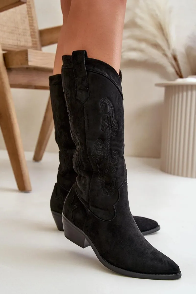Best Damskie Kozaki Kowbojki Na Niskim Obcasie Z Eko Zamszu Czarne Ligelia Damskie Kozaki Przed Kolano|Kozaki Na Obcasie