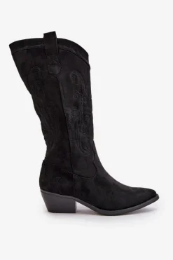 Best Damskie Kozaki Kowbojki Na Niskim Obcasie Z Eko Zamszu Czarne Ligelia Damskie Kozaki Przed Kolano|Kozaki Na Obcasie
