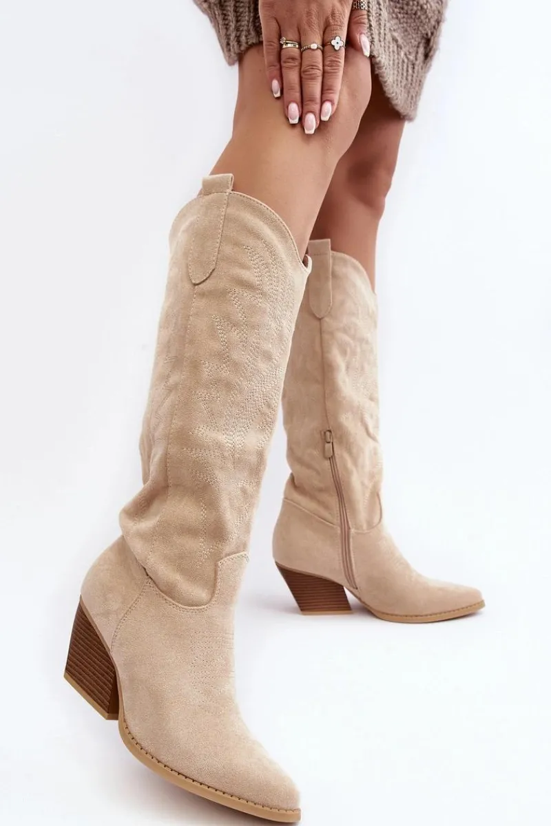 Kozaki Wiosenne|Kozaki Przed Kolano>Boto Damskie Kozaki Kowbojki Na Słupku Jasnobeżowe Sloana