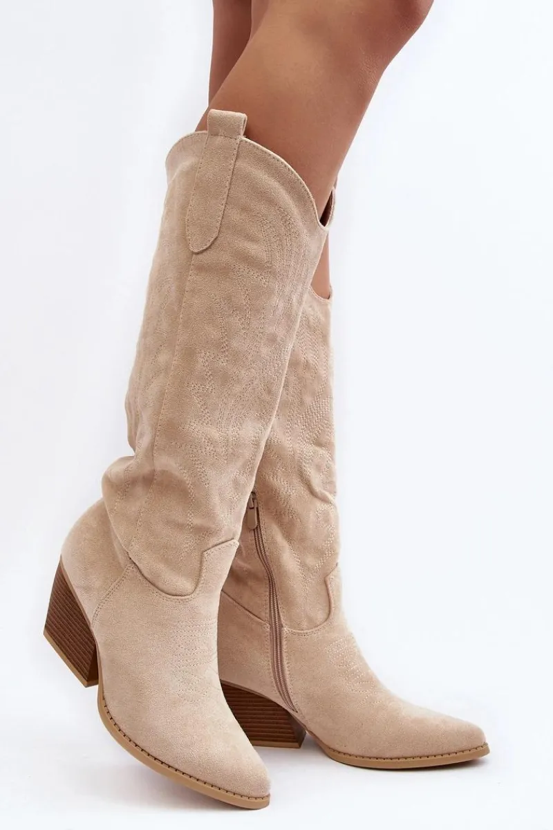 Kozaki Wiosenne|Kozaki Przed Kolano>Boto Damskie Kozaki Kowbojki Na Słupku Jasnobeżowe Sloana