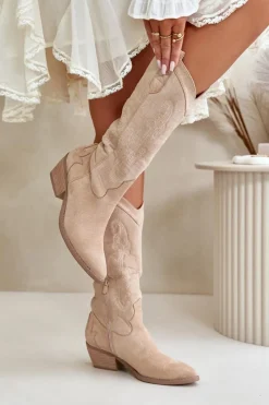 Online Boto Damskie Kozaki Kowbojki Na Niskim Obcasie Z Eko Zamszu Beżowe Ligelia