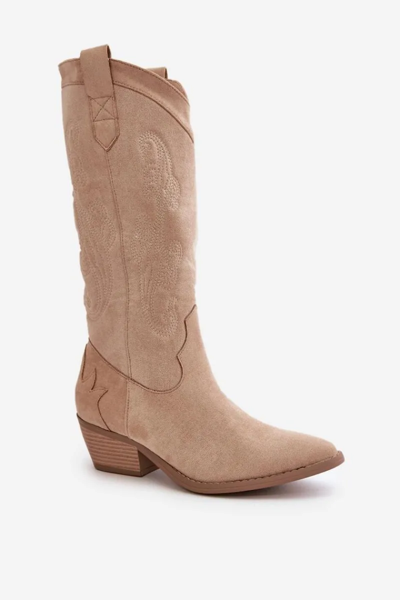 Online Boto Damskie Kozaki Kowbojki Na Niskim Obcasie Z Eko Zamszu Beżowe Ligelia