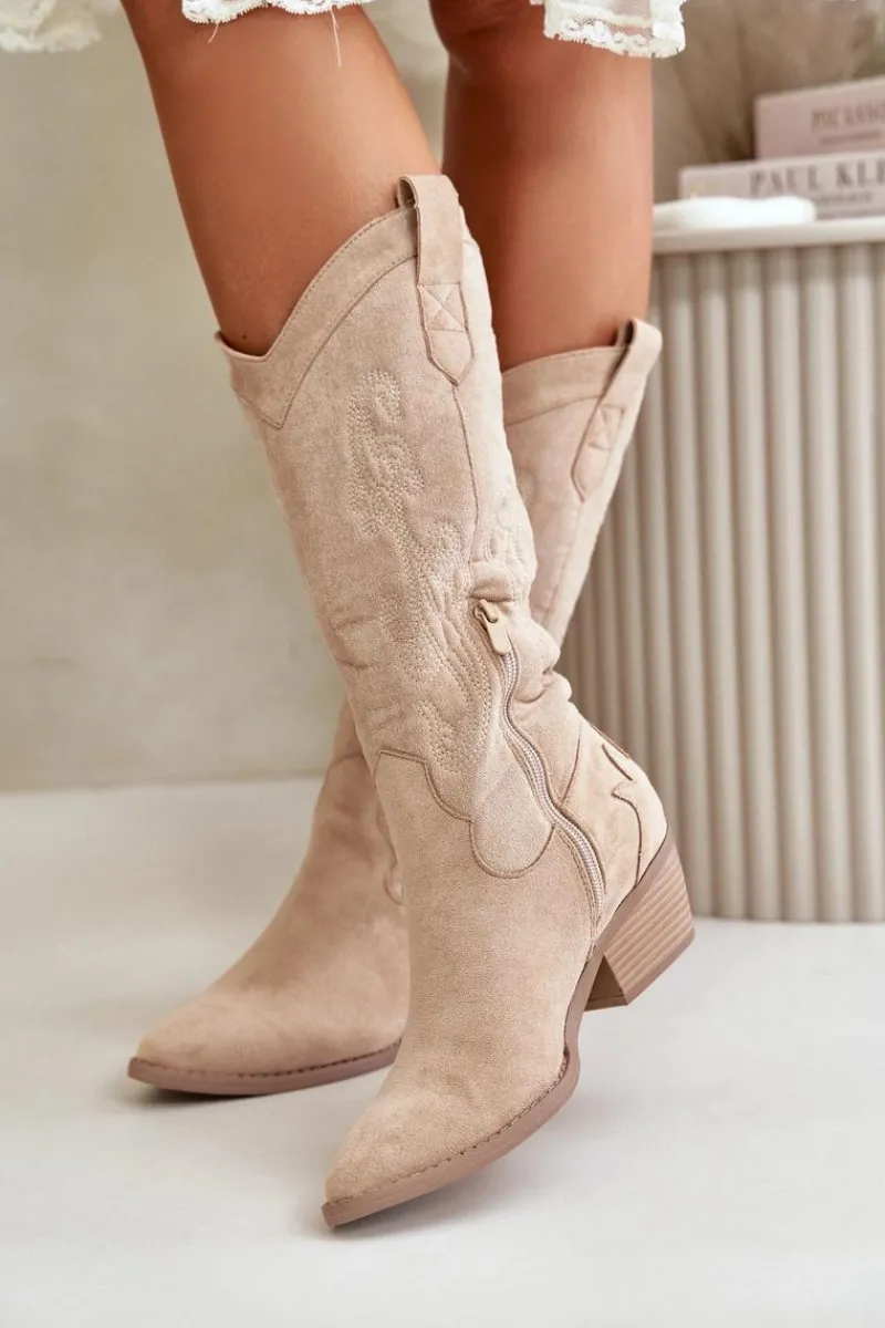 Online Boto Damskie Kozaki Kowbojki Na Niskim Obcasie Z Eko Zamszu Beżowe Ligelia