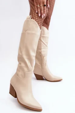Clearance Damskie Kozaki Kowbojki Na Obcasie Jasnobeżowe Kaspella Damskie Kozaki Wiosenne|Kozaki Przed Kolano