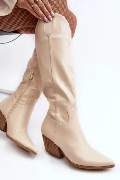 Clearance Damskie Kozaki Kowbojki Na Obcasie Jasnobeżowe Kaspella Damskie Kozaki Wiosenne|Kozaki Przed Kolano