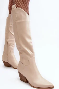 Clearance Damskie Kozaki Kowbojki Na Obcasie Jasnobeżowe Kaspella Damskie Kozaki Wiosenne|Kozaki Przed Kolano