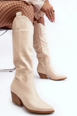 Clearance Damskie Kozaki Kowbojki Na Obcasie Jasnobeżowe Kaspella Damskie Kozaki Wiosenne|Kozaki Przed Kolano