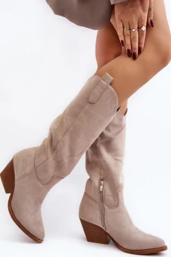 Best Boto Damskie Kozaki Kowbojki Na Obcasie Przed Kolano Jasnobeżowe Oppore