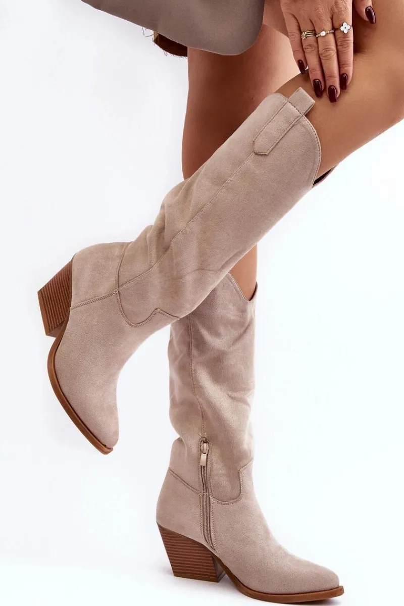 Best Boto Damskie Kozaki Kowbojki Na Obcasie Przed Kolano Jasnobeżowe Oppore