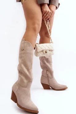 Best Boto Damskie Kozaki Kowbojki Na Obcasie Przed Kolano Jasnobeżowe Oppore