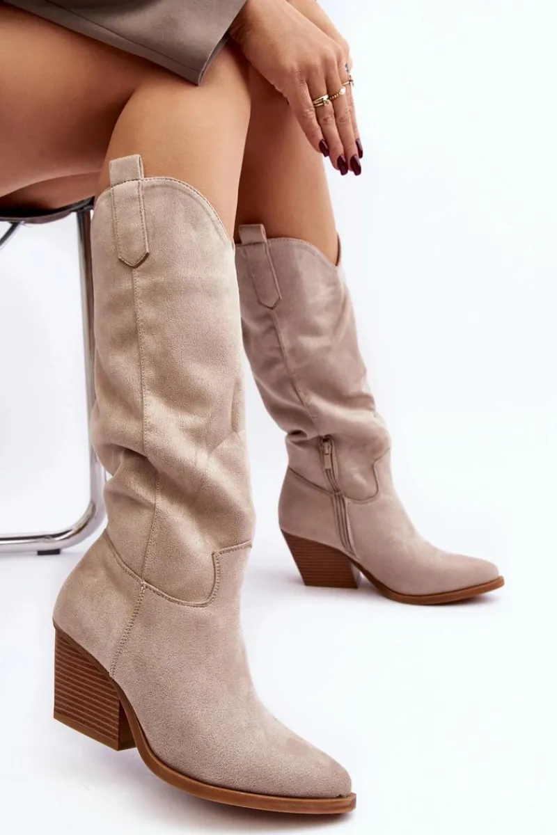 Best Boto Damskie Kozaki Kowbojki Na Obcasie Przed Kolano Jasnobeżowe Oppore
