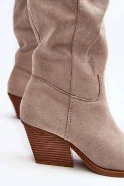 Best Boto Damskie Kozaki Kowbojki Na Obcasie Przed Kolano Jasnobeżowe Oppore