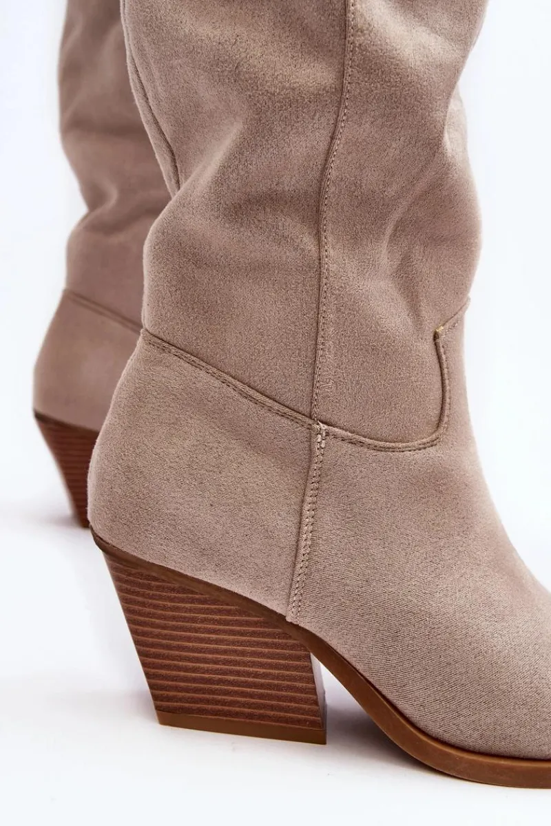 Best Boto Damskie Kozaki Kowbojki Na Obcasie Przed Kolano Jasnobeżowe Oppore