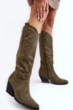 Outlet Damskie Kozaki Kowbojki Na Słupku Zielone Sloana Damskie Kozaki Wiosenne|Kozaki Przed Kolano