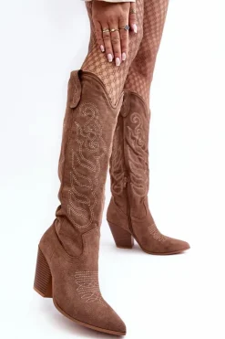 Discount Damskie Kozaki Kowbojki Na Obcasie Ciemnobeżowe Tomani Damskie Kozaki Wiosenne|Kozaki Przed Kolano