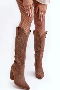 Discount Damskie Kozaki Kowbojki Na Obcasie Ciemnobeżowe Tomani Damskie Kozaki Wiosenne|Kozaki Przed Kolano