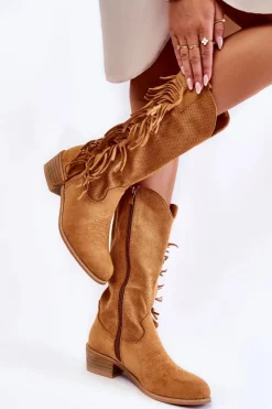 Discount Boto Damskie Kozaki Kowbojki Zamszowe Z Frędzlami Camel Haddy