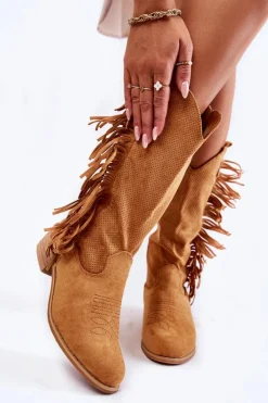 Discount Boto Damskie Kozaki Kowbojki Zamszowe Z Frędzlami Camel Haddy