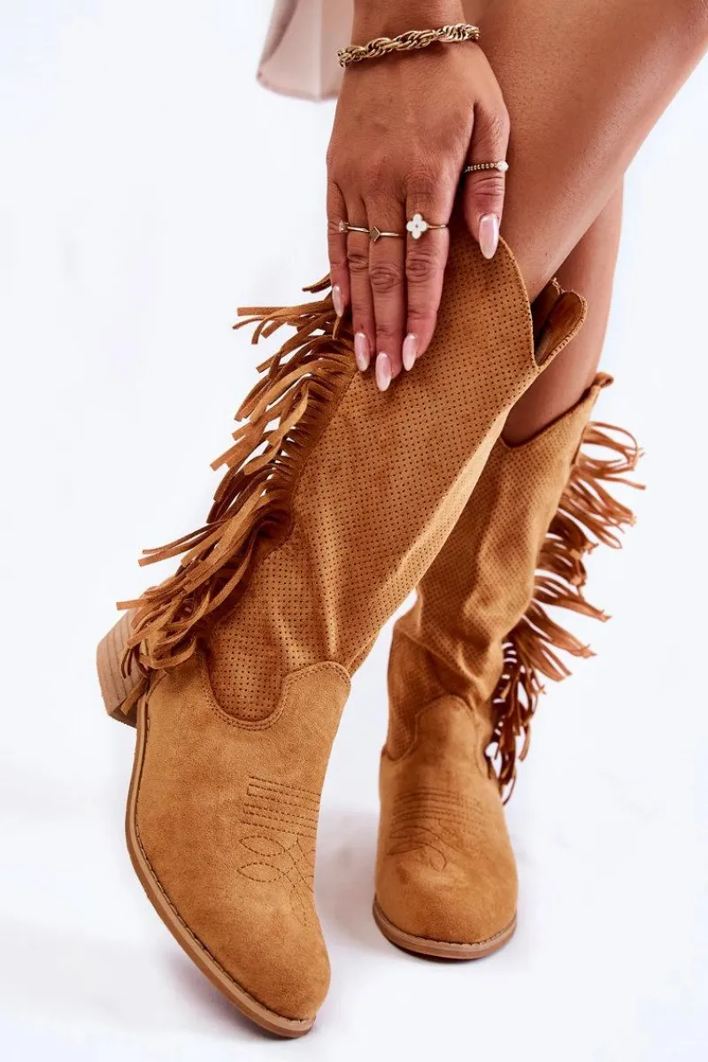 Discount Boto Damskie Kozaki Kowbojki Zamszowe Z Frędzlami Camel Haddy