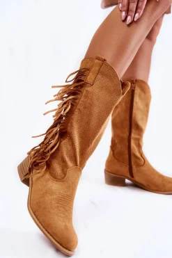 Discount Boto Damskie Kozaki Kowbojki Zamszowe Z Frędzlami Camel Haddy