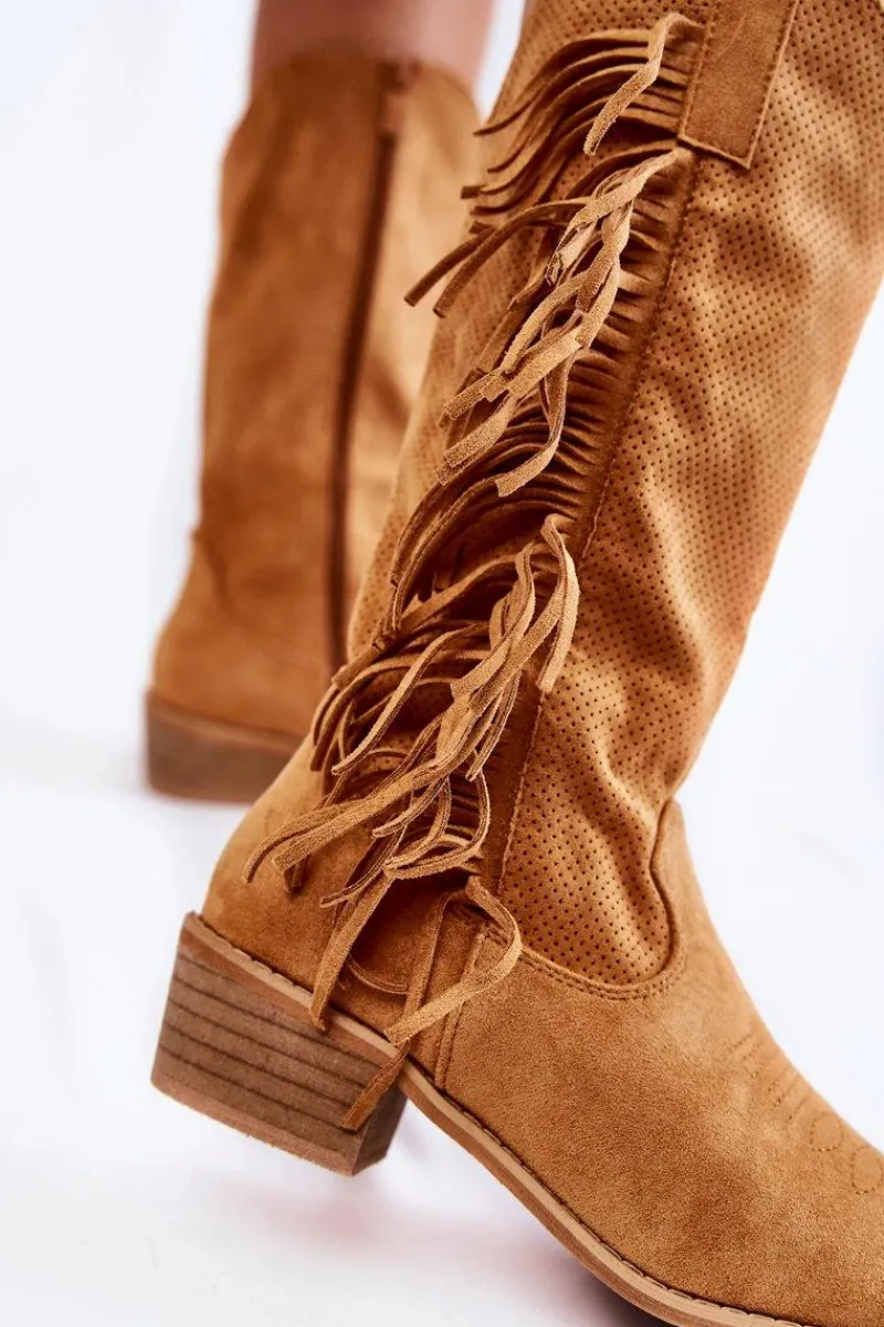 Discount Boto Damskie Kozaki Kowbojki Zamszowe Z Frędzlami Camel Haddy