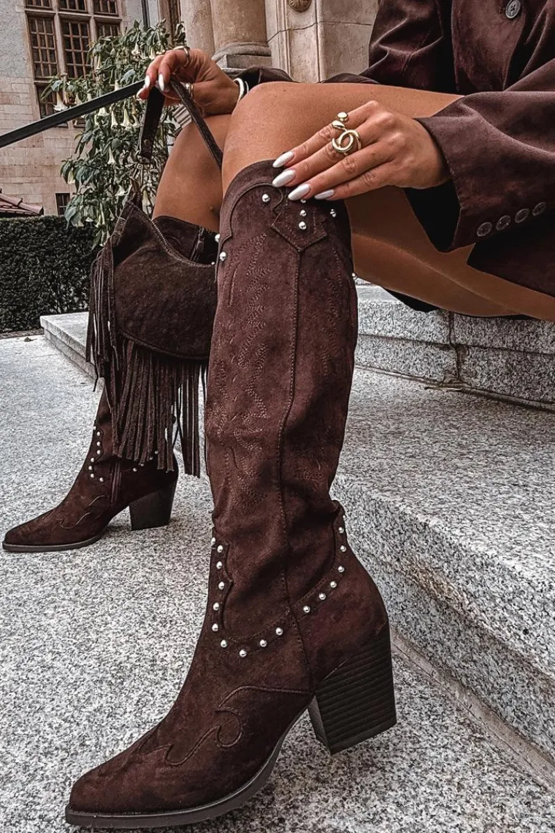 Kozaki Na Słupku|Kozaki Na Obcasie>Boto Damskie Kozaki Kowbojki Ze Zdobieniem Na Słupku Czekoladowe Darella Brązowy