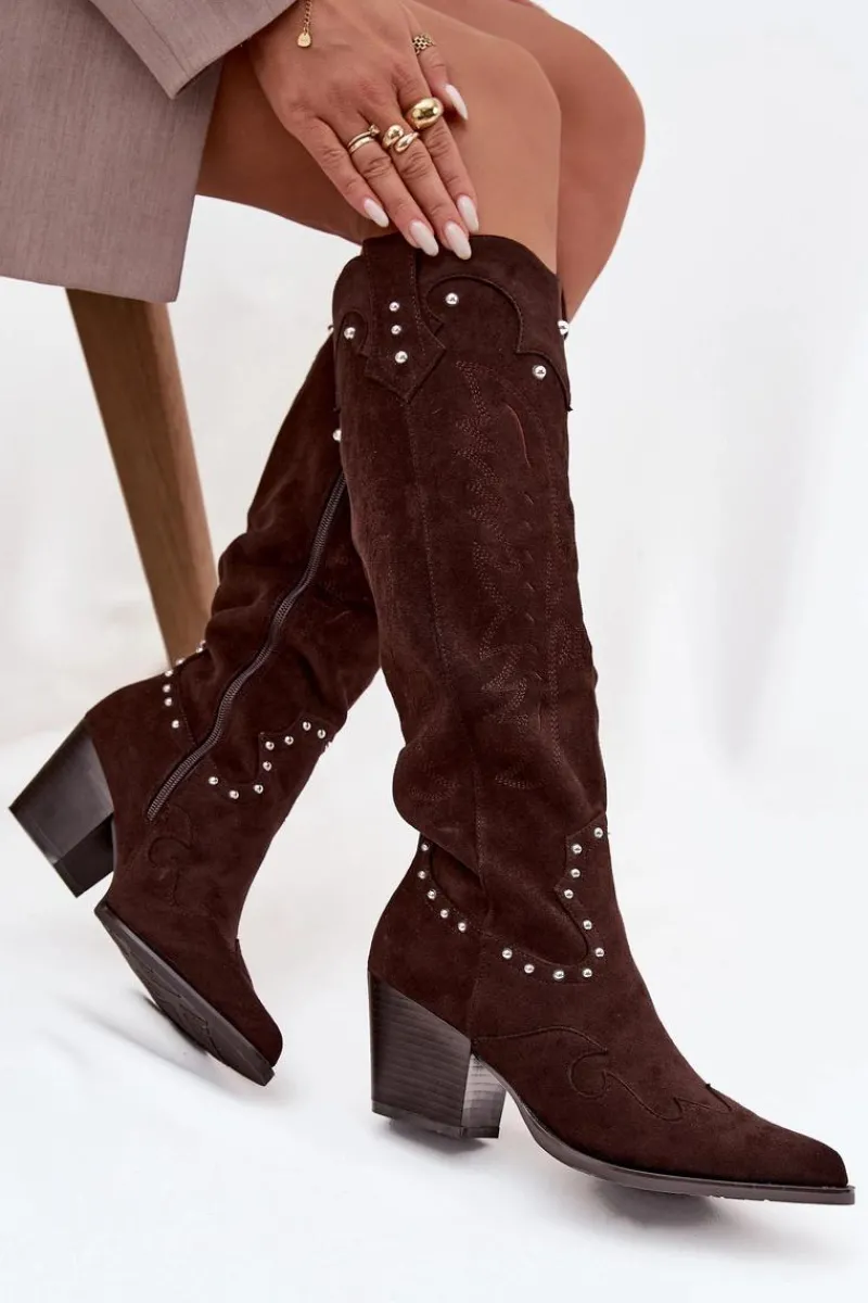 Kozaki Na Słupku|Kozaki Na Obcasie>Boto Damskie Kozaki Kowbojki Ze Zdobieniem Na Słupku Czekoladowe Darella Brązowy